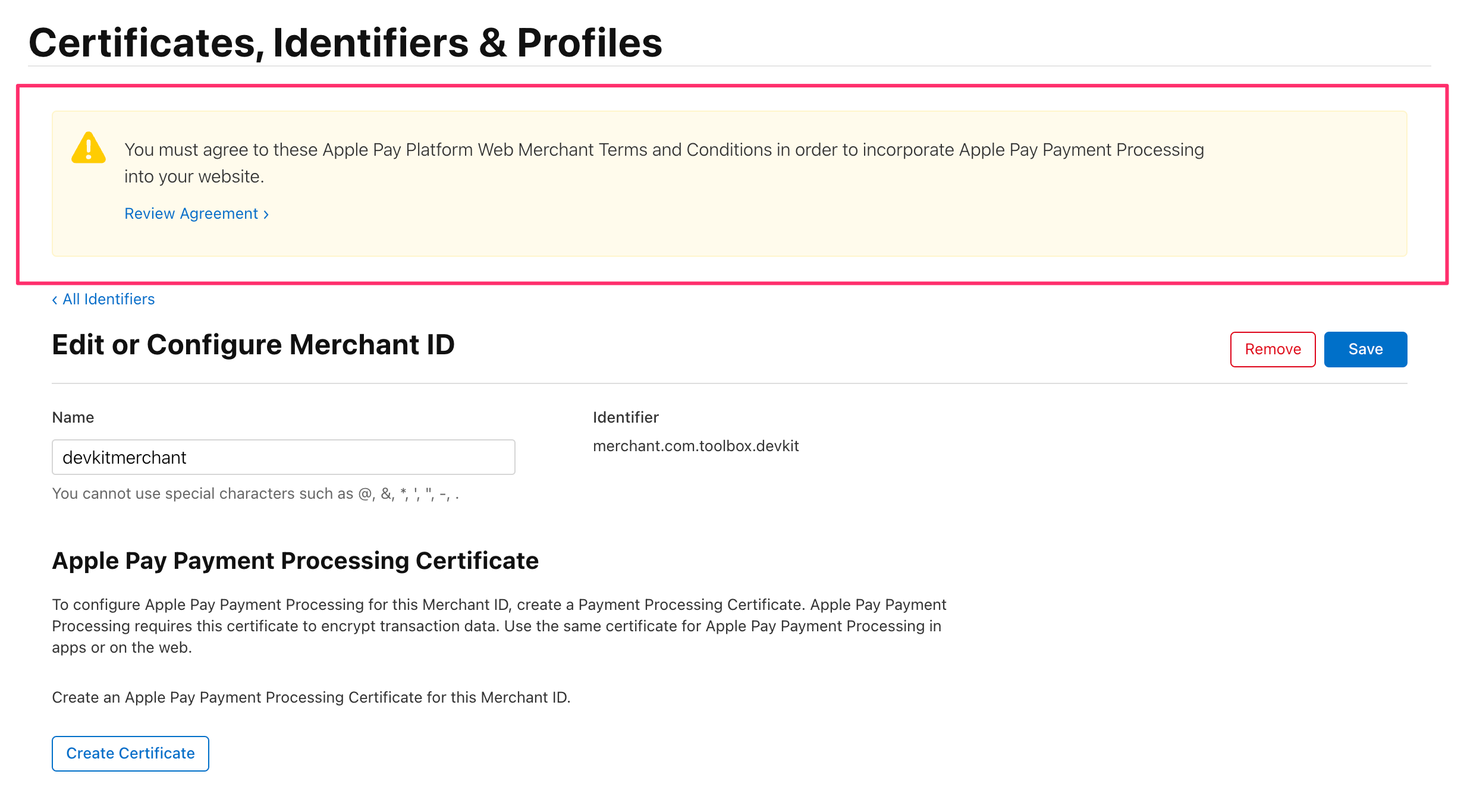 Agree the Apple Pay Platform Web Merchant Terms and Conditions