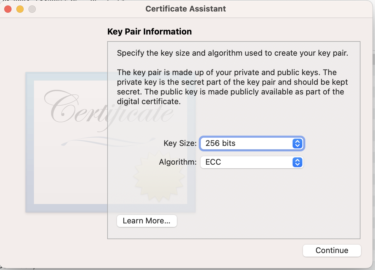 set key pair information to ecc,256bits