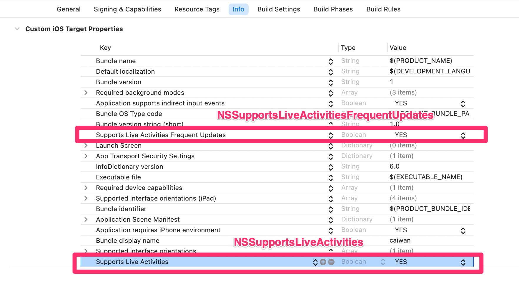 live activity info.plist key