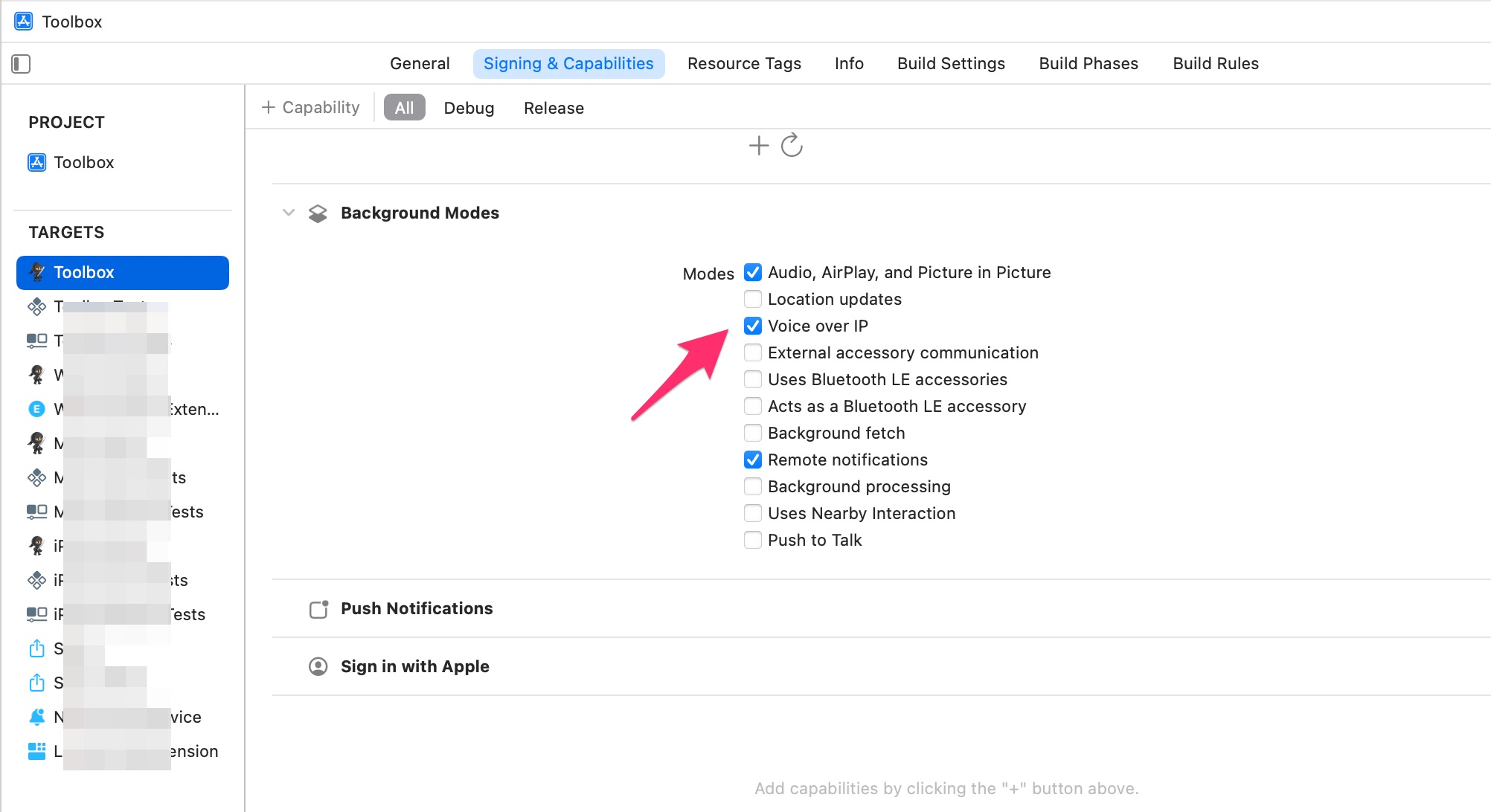 Enabling the VoIP background mode in an app